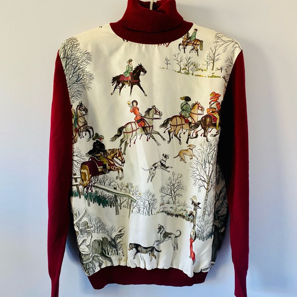 Hermes Vintage Silk & Wool Turtleneck Sweater - Horses and Riders - RARE